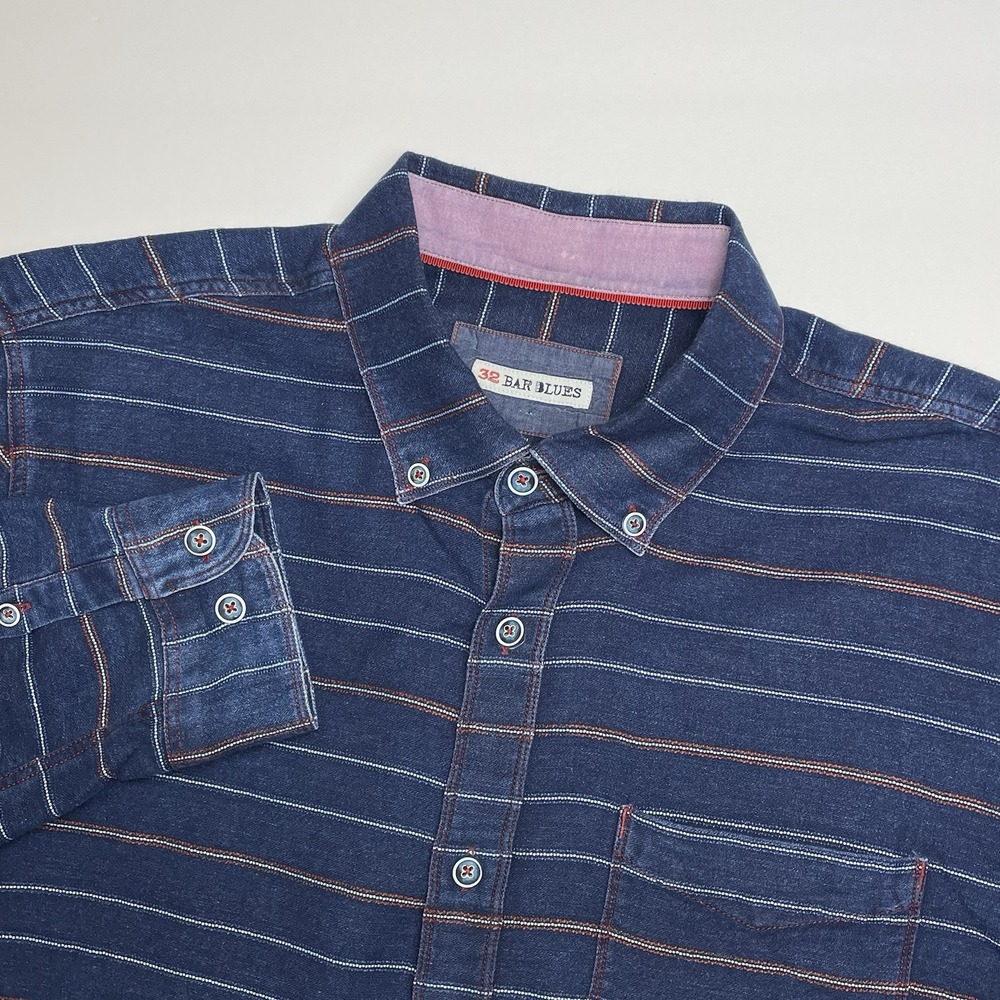 32 Bar Blues Denim Shirt Mens Large Blue Striped Long Sleeve Button Down Pocket